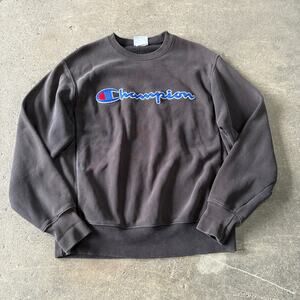 Champion Reverse Weave Crewneck Sweatshirt Mens M Faded Black Sweater Spellout